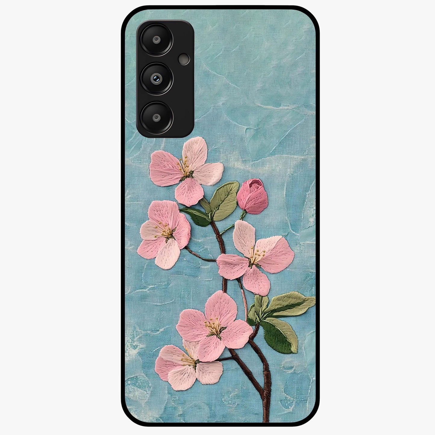 Threaded Blossom Breeze Glass Case showing flat back view with delicate blossom artwork and glossy glass finish.