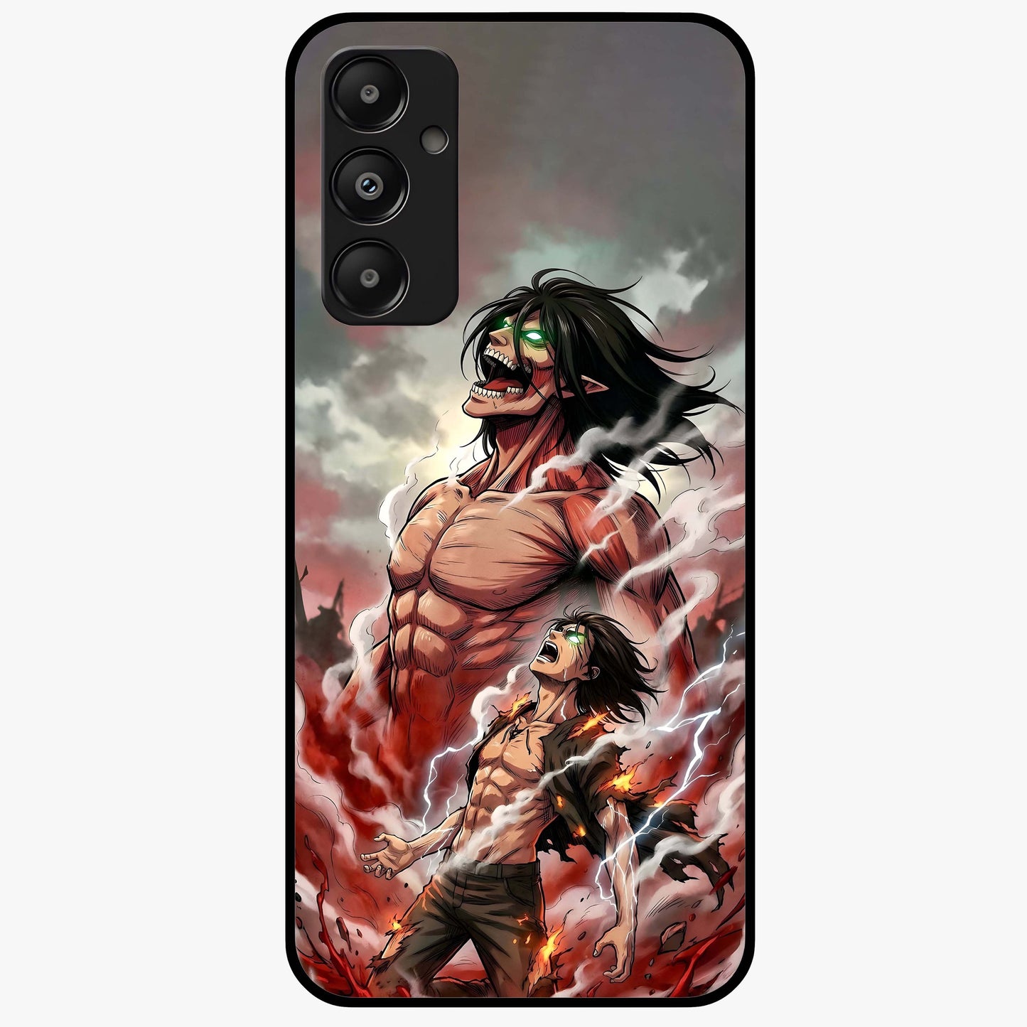 Titan Awakening Fury Glass Case showing flat back view with powerful titan inspired artwork and glossy glass finish.