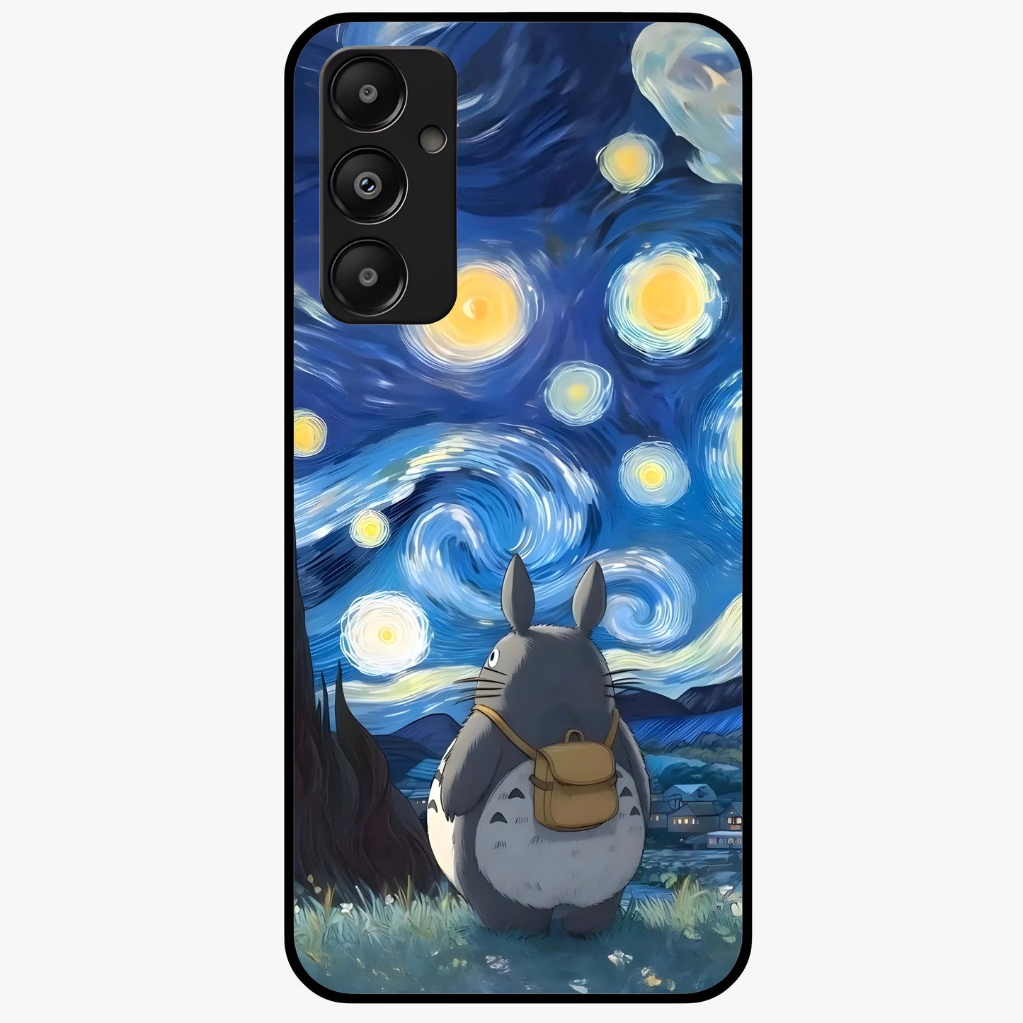 Totoro In Van Gogh Art Glass Case showing flat back view with whimsical character artwork inspired by Van Gogh style and glossy glass finish.