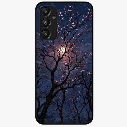Twilight Sakura Serenade Glass Case showing flat back view with cherry blossom artwork at twilight and glossy glass finish.
