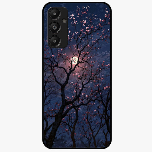 Twilight Sakura Serenade Glass Case showing flat back view with cherry blossom artwork at twilight and glossy glass finish.