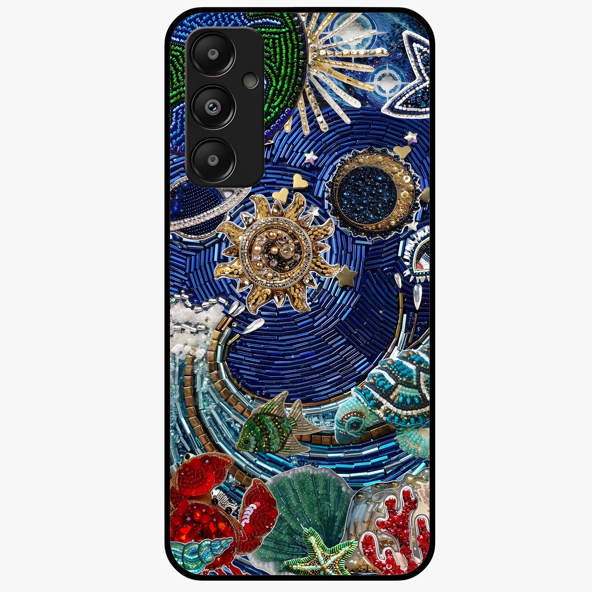 Universe Underwater Spark Glass Case showing flat back view with cosmic underwater themed artwork and glossy glass finish.