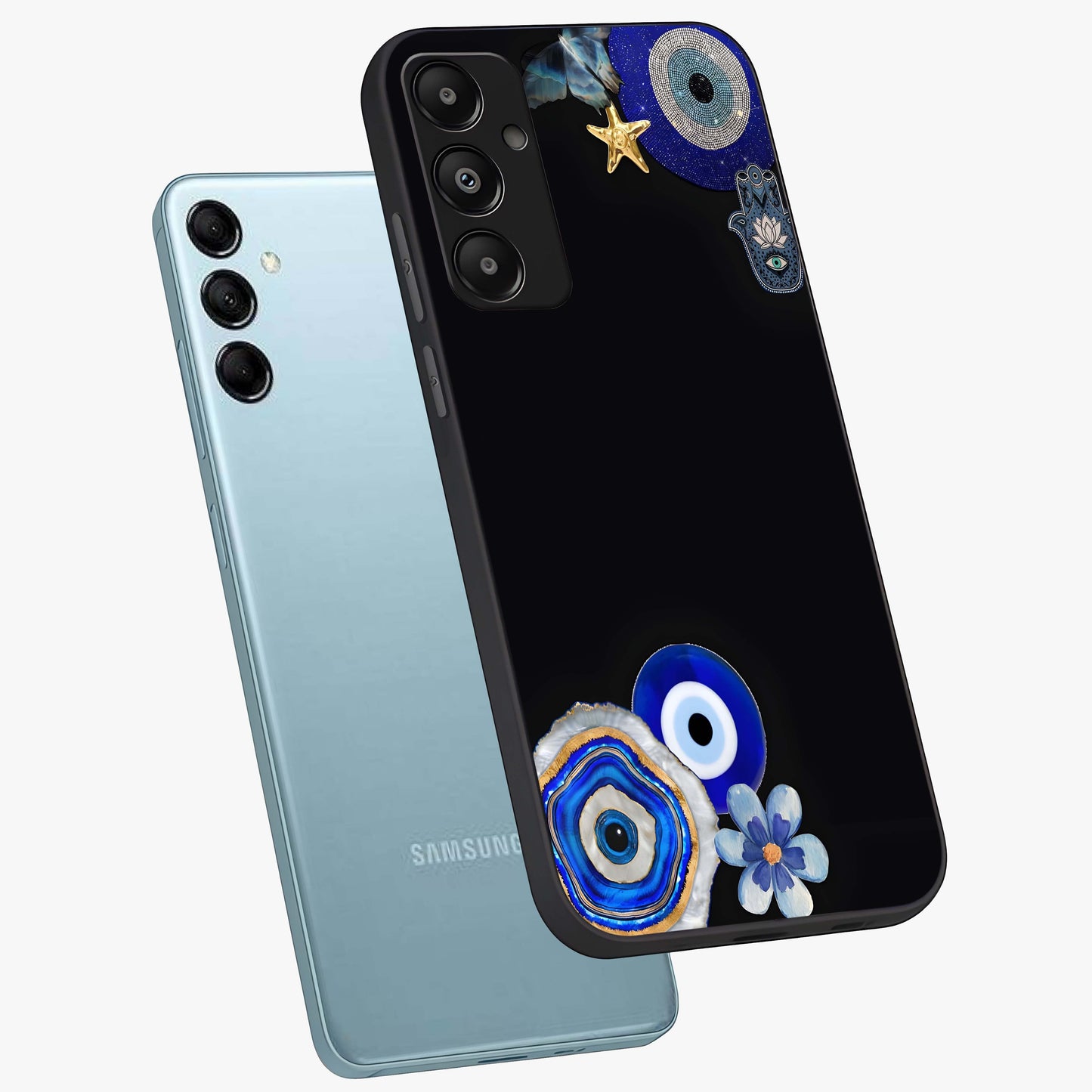 Aesthetic Blue Evil Eye Glass Case displayed in angled mockup highlighting blue evil eye symbol and spiritual aesthetic design.