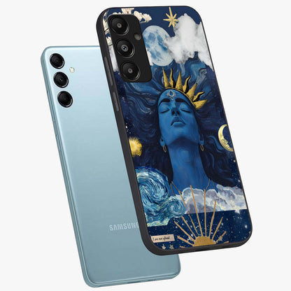 Aesthetic Lord Shiva Glass Case displayed in angled mockup highlighting spiritual Shiva illustration and sacred aesthetic design.