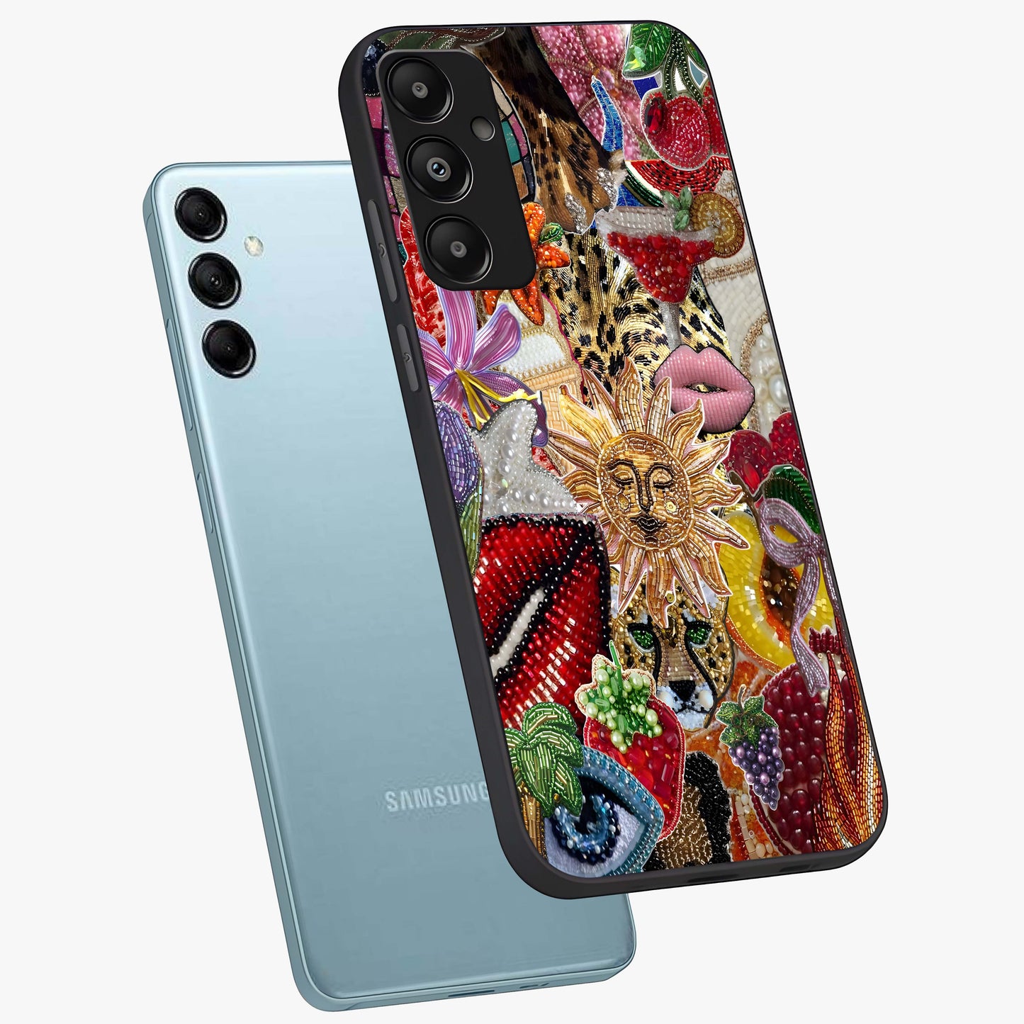 Beaded Fashion Jungle Glass Case displayed in angled mockup highlighting colorful fashion bead design and artistic pattern.