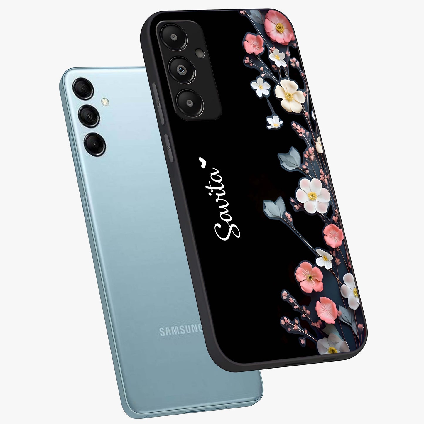 Black Elegance Floral Custom Name Glass Case displayed in angled mockup highlighting dark floral aesthetic and custom name feature.