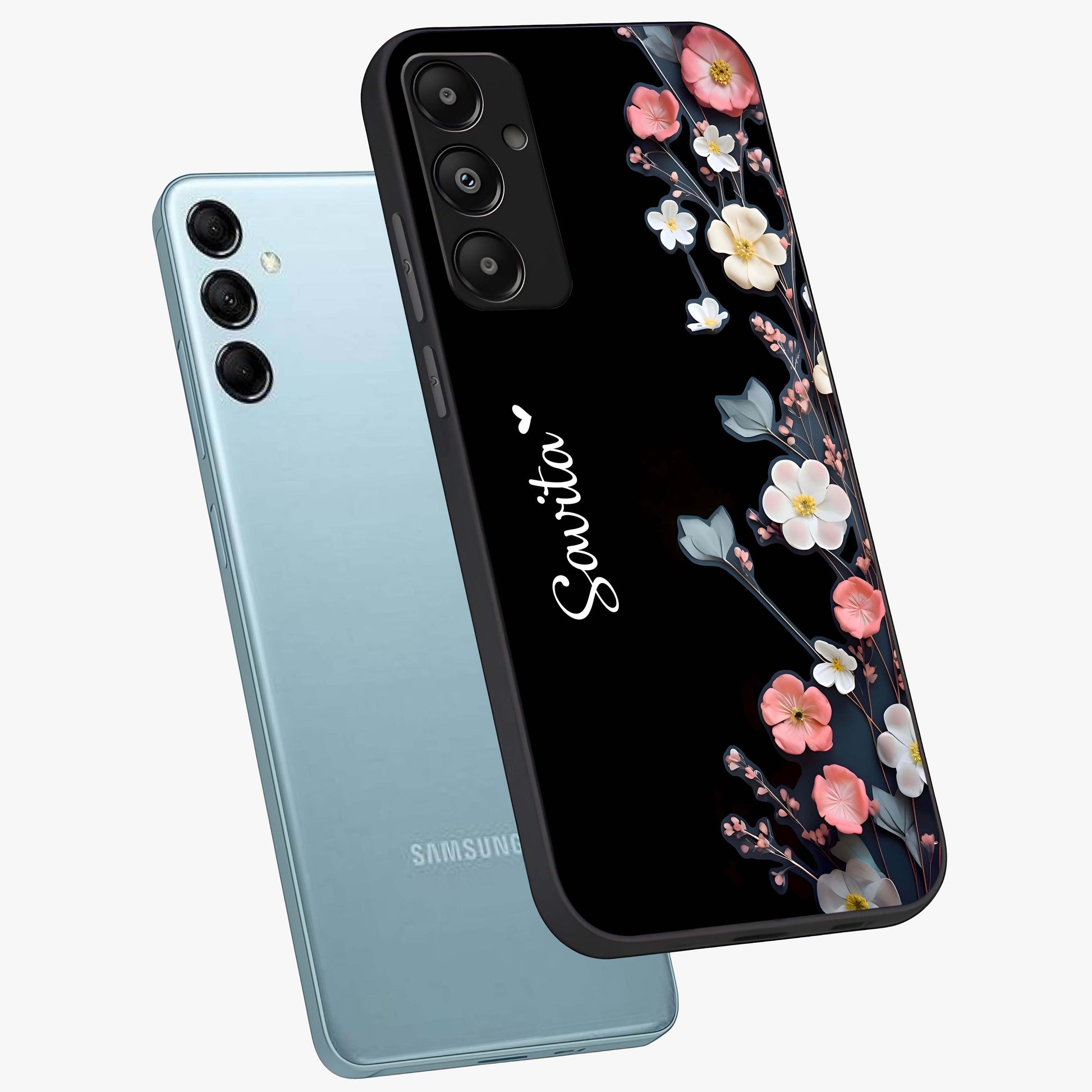 Black Elegance Floral Custom Name Glass Case displayed in angled mockup highlighting dark floral aesthetic and custom name feature.