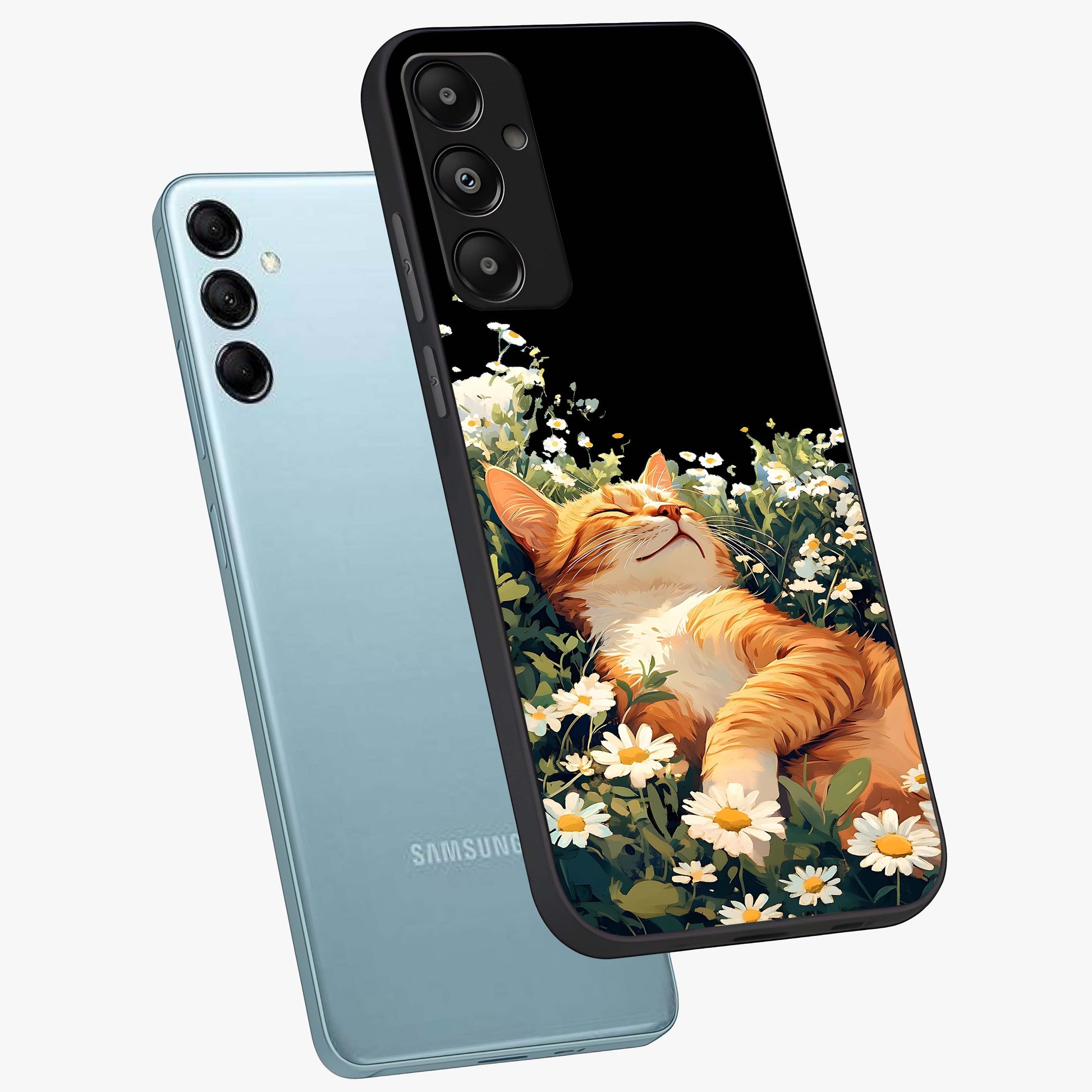 Blissful Bloom Cat Glass Case displayed in angled mockup highlighting playful feline illustration with soft floral aesthetic.