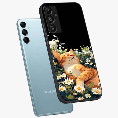 Blissful Bloom Cat Glass Case displayed in angled mockup highlighting playful feline illustration with soft floral aesthetic.