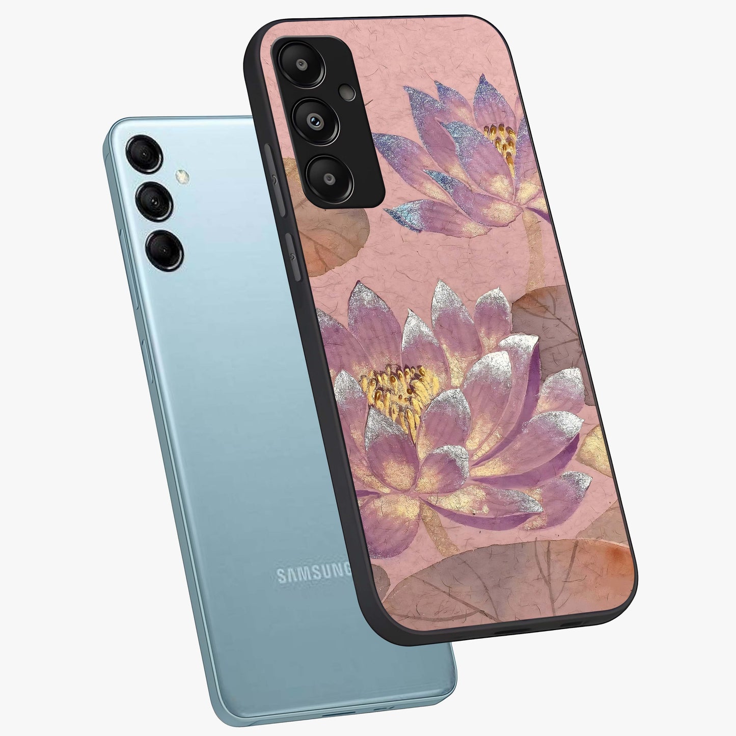 Blossom Mist Lotus Glass Case displayed in angled mockup highlighting delicate lotus illustration with calm aesthetic theme.