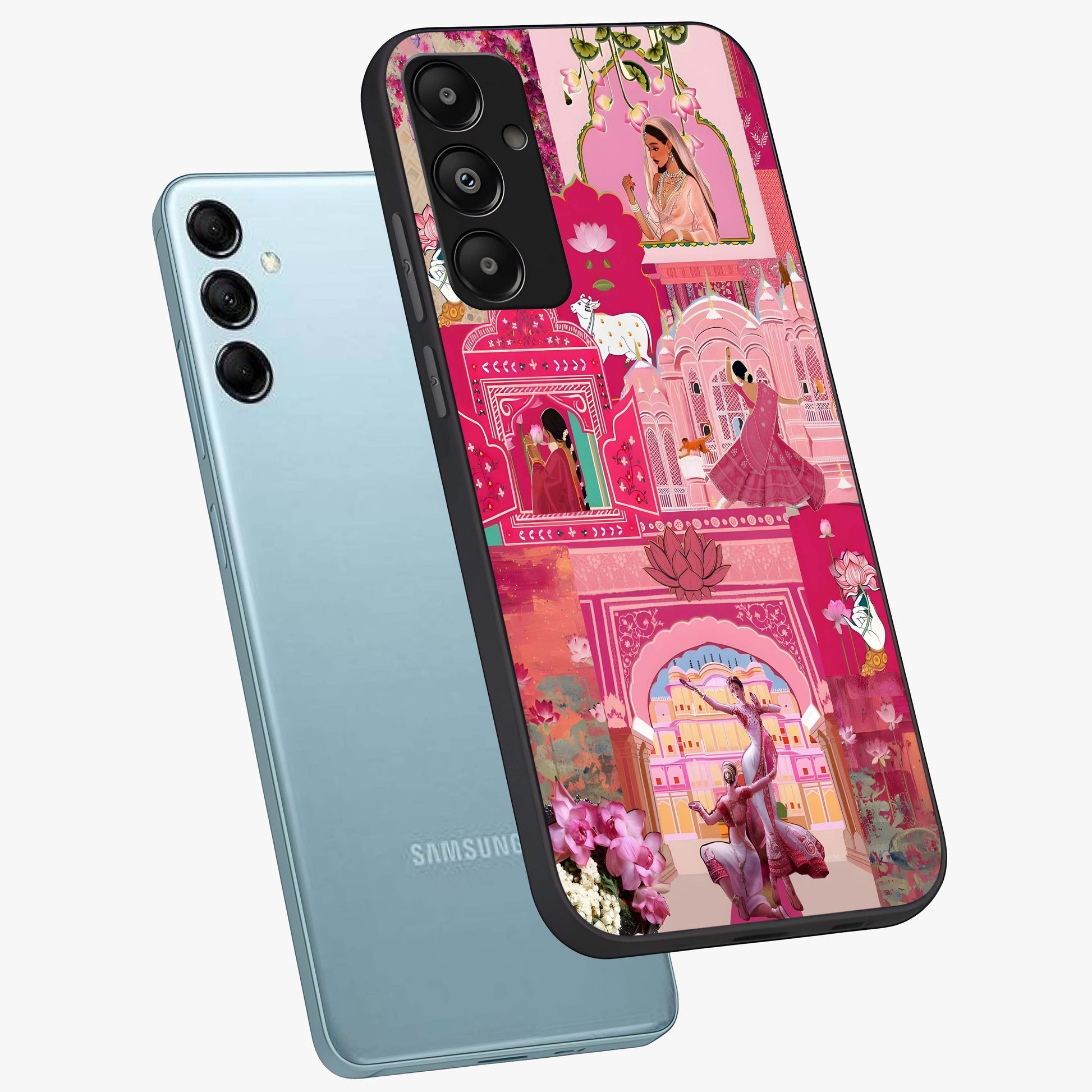 Blossoms of Rajasthan Glass Case displayed in angled mockup highlighting vibrant floral pattern with cultural aesthetic style.