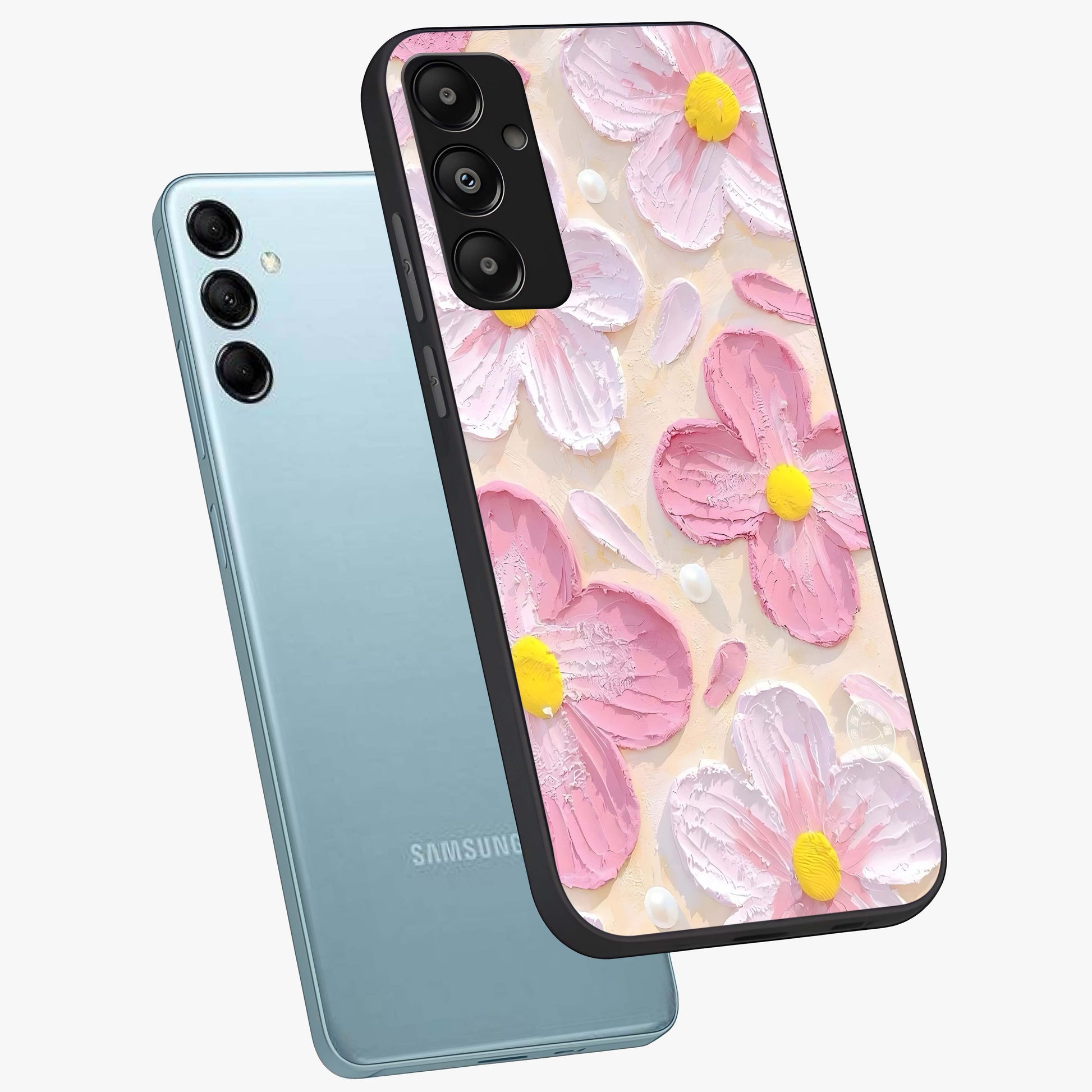 Blush Bloom Texture Glass Case displayed in angled mockup highlighting subtle bloom pattern with aesthetic pastel design.