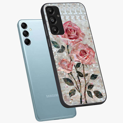 Blush Mosaic Bloom Glass Case displayed in angled mockup highlighting artistic mosaic flower pattern with aesthetic design.