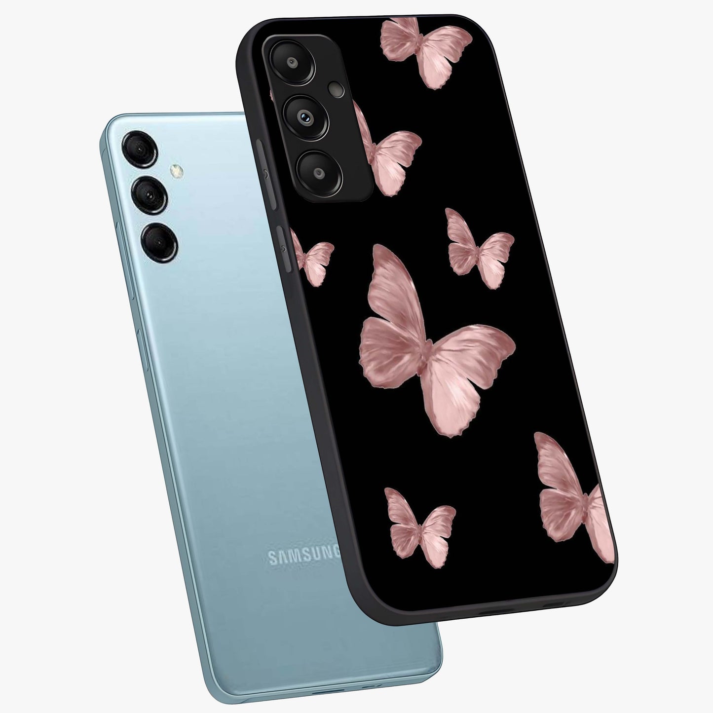 Butterfly Pattern Glass Case displayed in angled mockup highlighting delicate butterfly design and aesthetic pattern style.