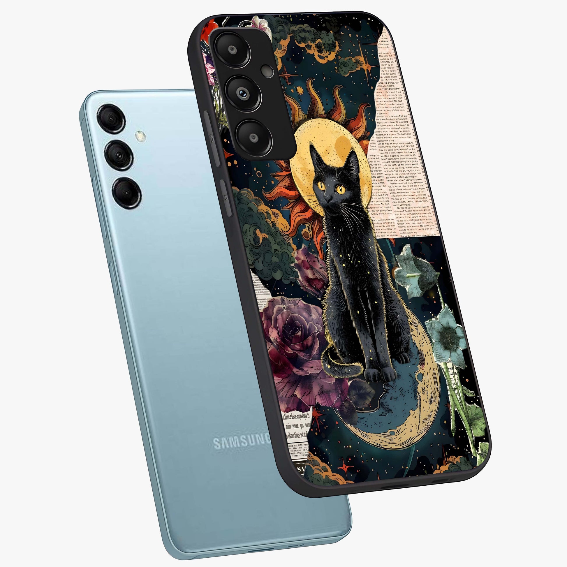 Celestial Black Cat Glass Case displayed in angled mockup highlighting cosmic black cat design with celestial aesthetic.