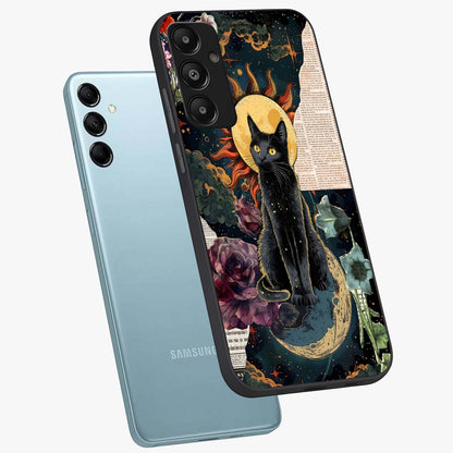 Celestial Black Cat Glass Case displayed in angled mockup highlighting cosmic black cat design with celestial aesthetic.