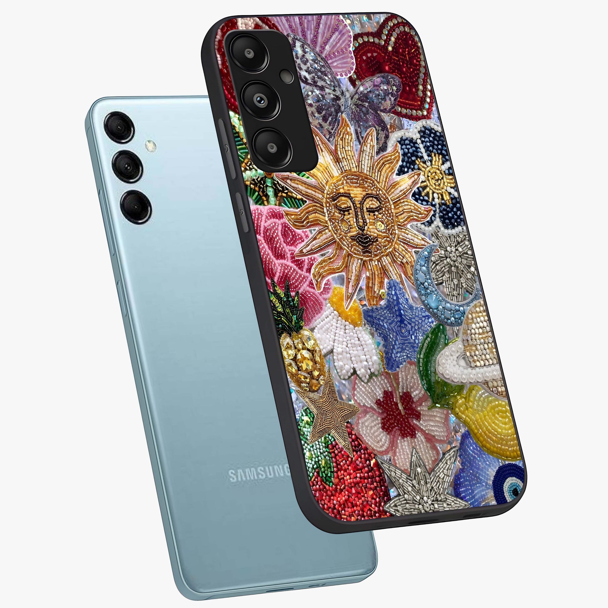 Celestial Floral and Playful Glass Case displayed in angled mockup highlighting playful floral design with dreamy celestial elements.