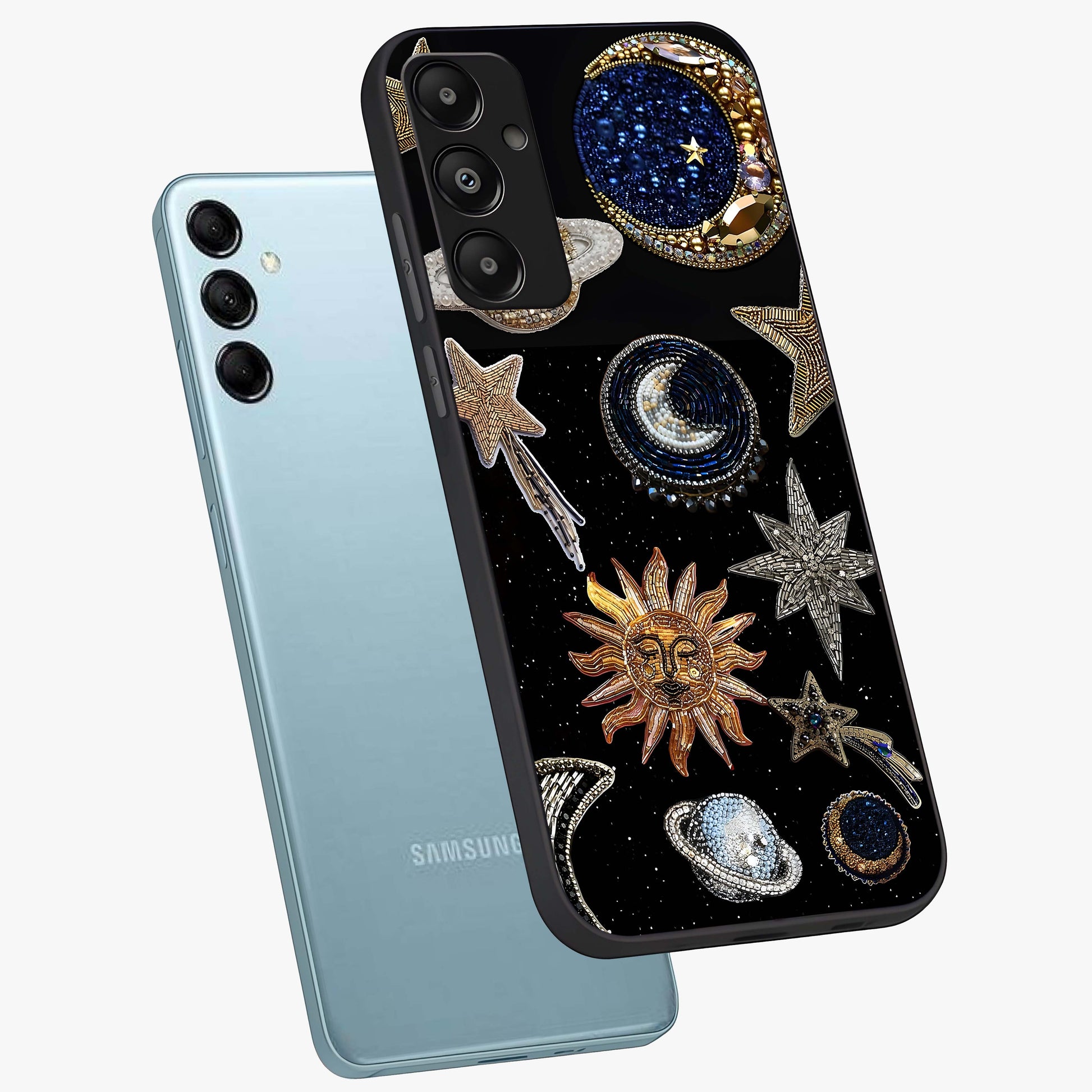 Celestial Gem Constellations Glass Case displayed in angled mockup highlighting gemstone inspired constellation design.