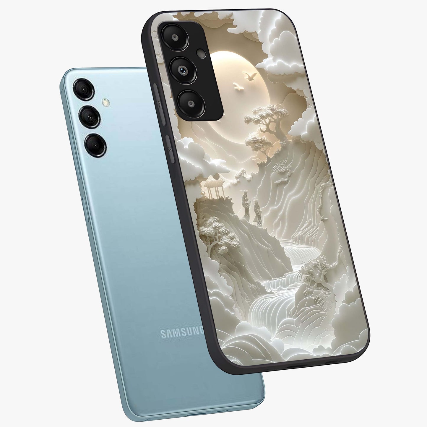 Celestial Origami Glass Case displayed in angled mockup highlighting geometric origami design with cosmic aesthetic theme.