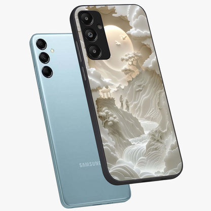 Celestial Origami Glass Case displayed in angled mockup highlighting geometric origami design with cosmic aesthetic theme.