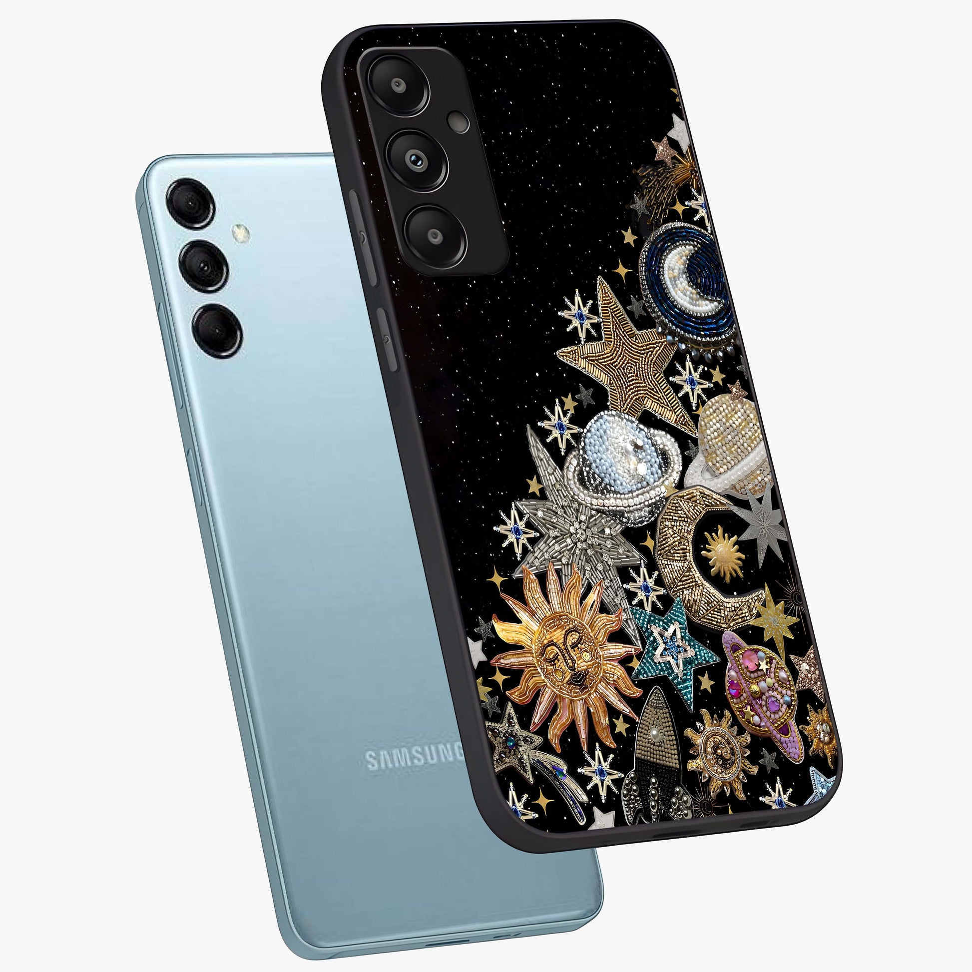 Cosmic Sparkle Dreams Glass Case displayed in angled mockup highlighting dreamy star sparkle design with celestial aesthetic.