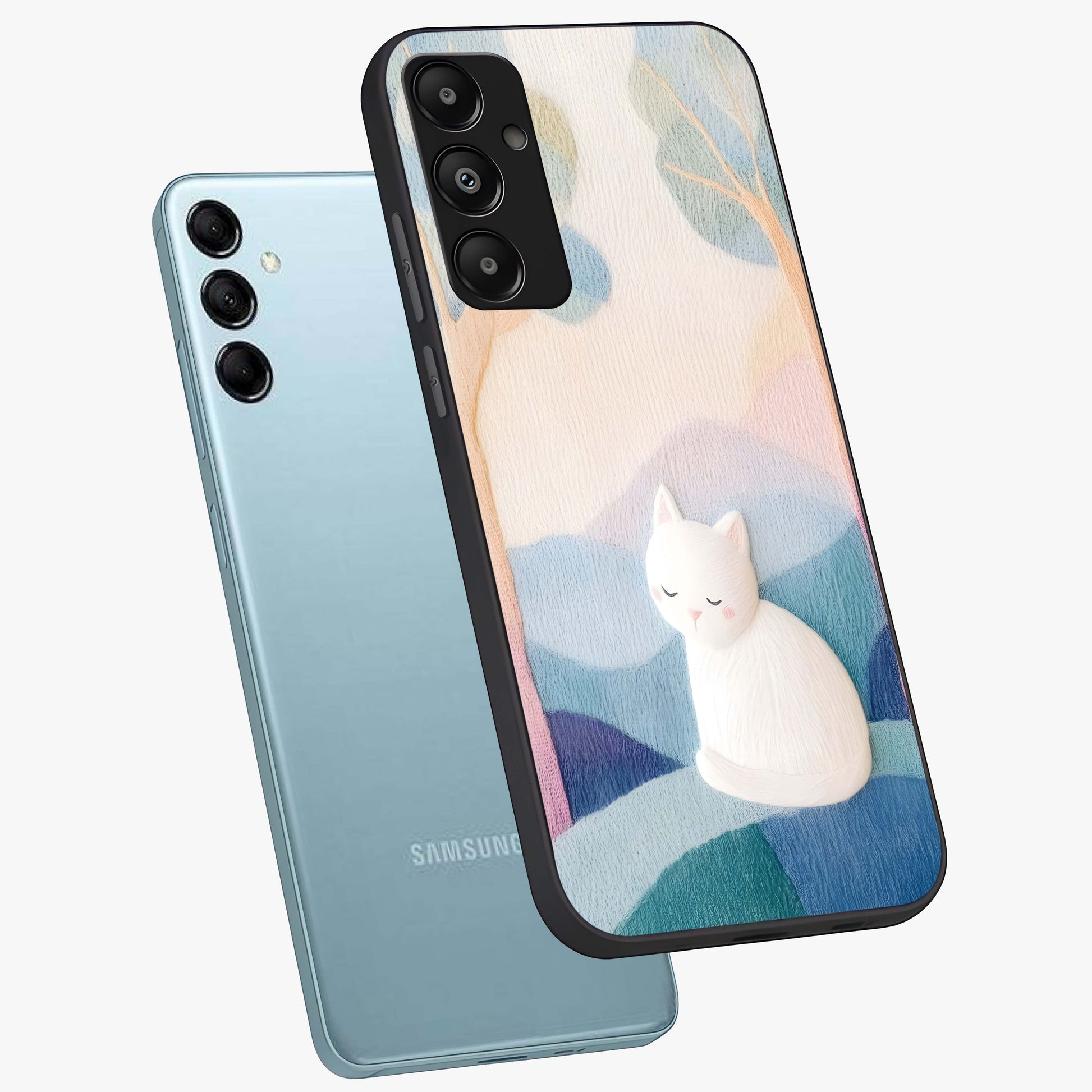 Cotton Dream Cat Glass Case displayed in angled mockup highlighting cute feline illustration with pastel aesthetic style.