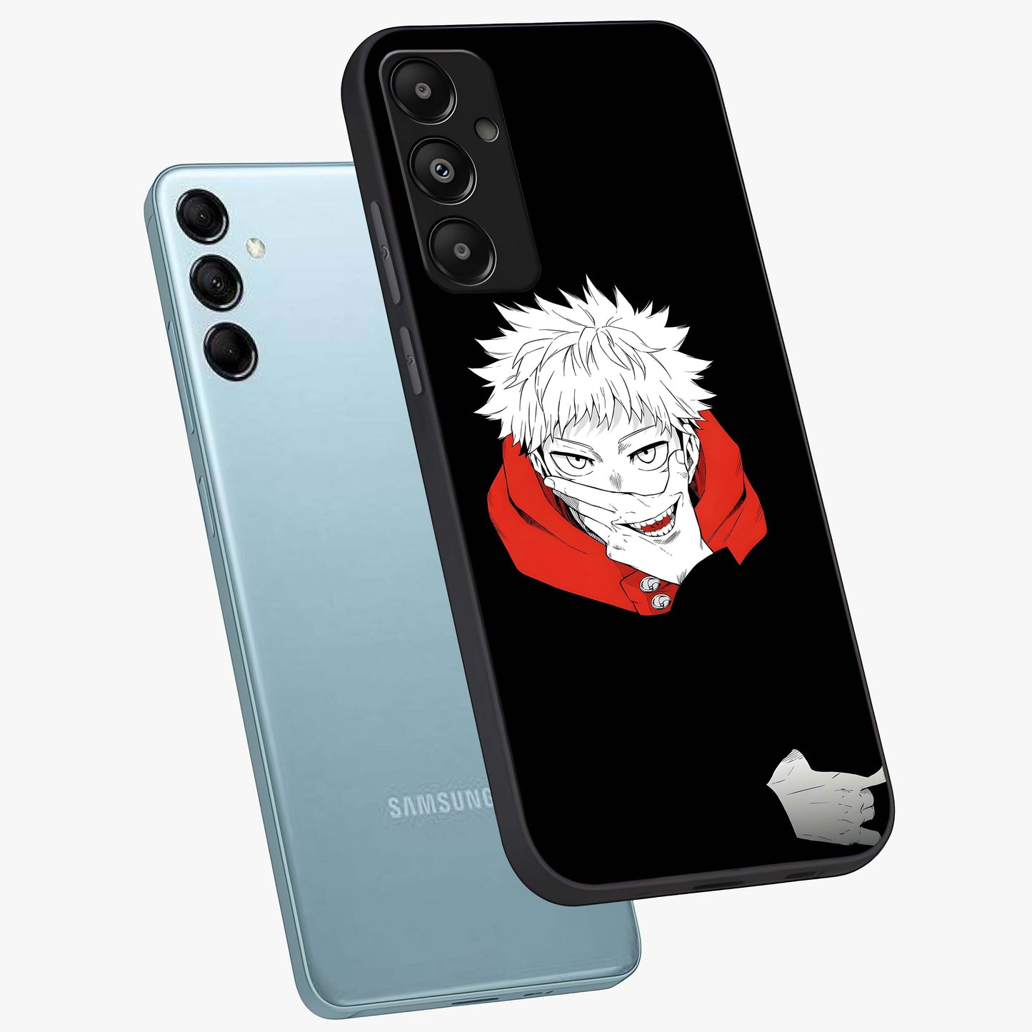 Crimson Chaos Smile Glass Case displayed in angled mockup highlighting edgy crimson smile design with graphic aesthetic.
