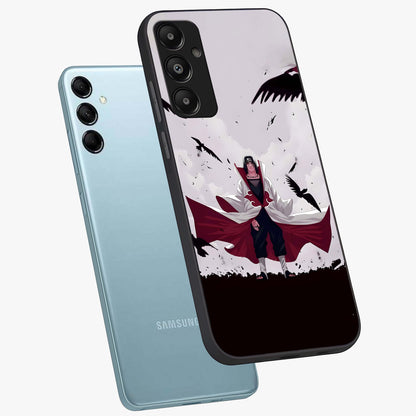 Crimson Crow Ascension Glass Case displayed in angled mockup highlighting powerful crow illustration with dark crimson aesthetic.