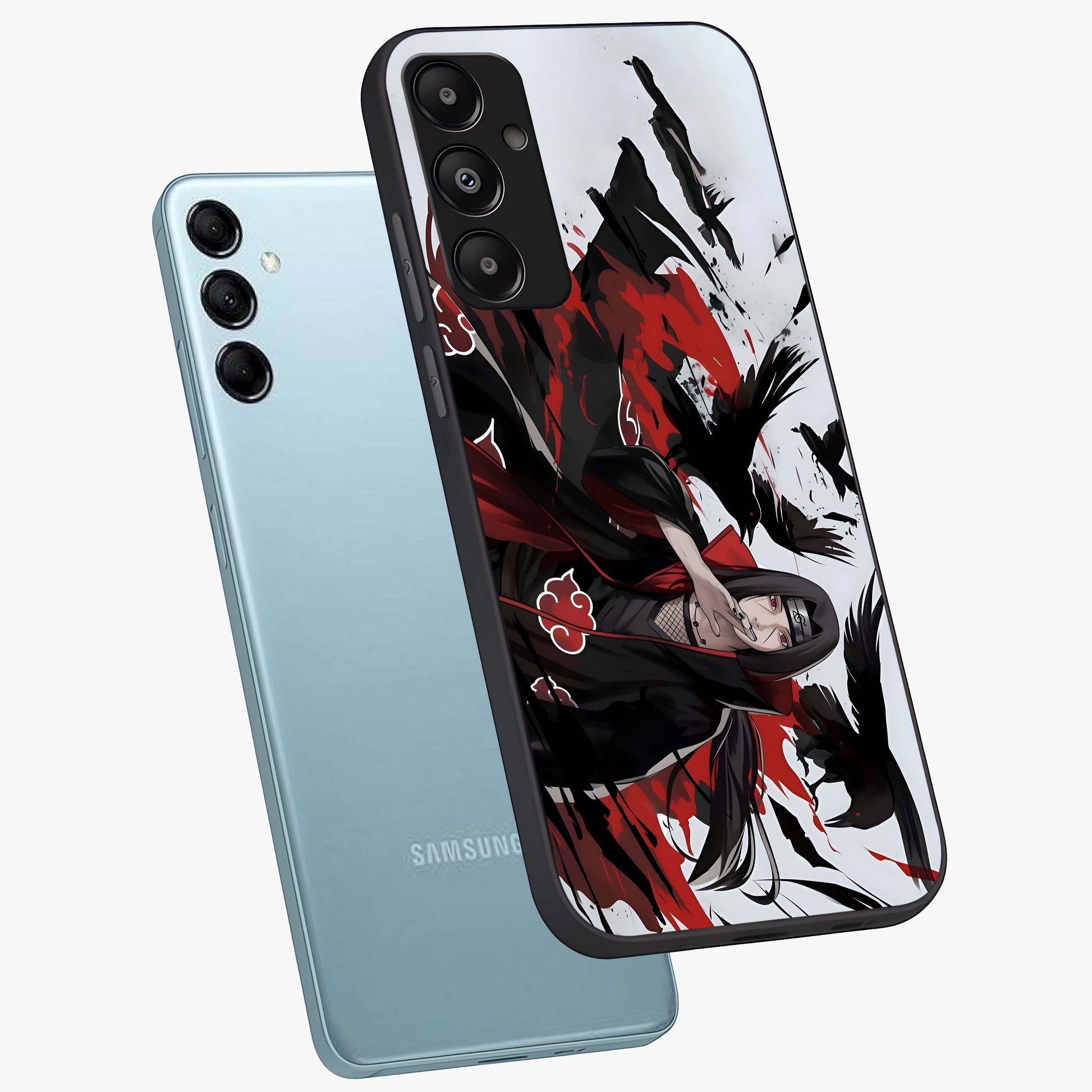 Crimson Crow Illusion Glass Case displayed in angled mockup highlighting mysterious crow graphic with dark aesthetic style.