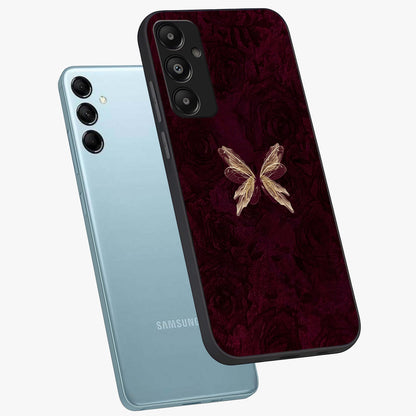 Crimson Fade Butterfly Glass Case displayed in angled mockup highlighting elegant butterfly design with crimson gradient aesthetic.