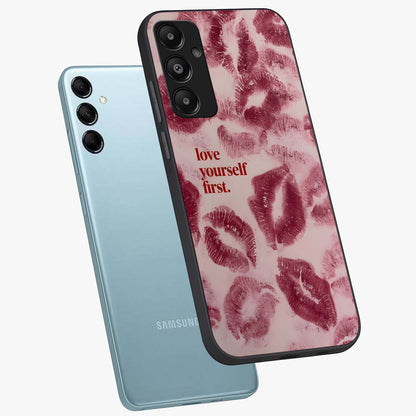 Crimson Kiss Love Glass Case displayed in angled mockup highlighting bold love inspired design with modern aesthetic style.