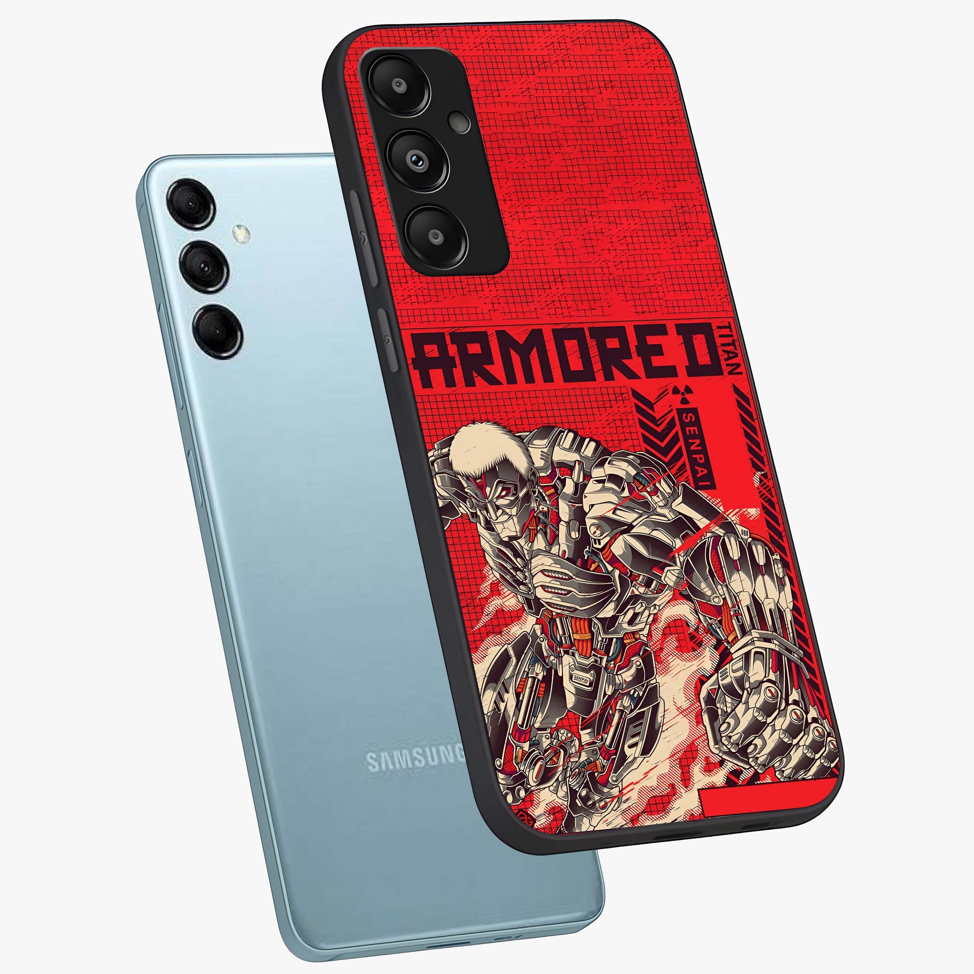 Crimson Mecha Titan Glass Case displayed in angled mockup highlighting futuristic mech illustration with bold crimson aesthetic.