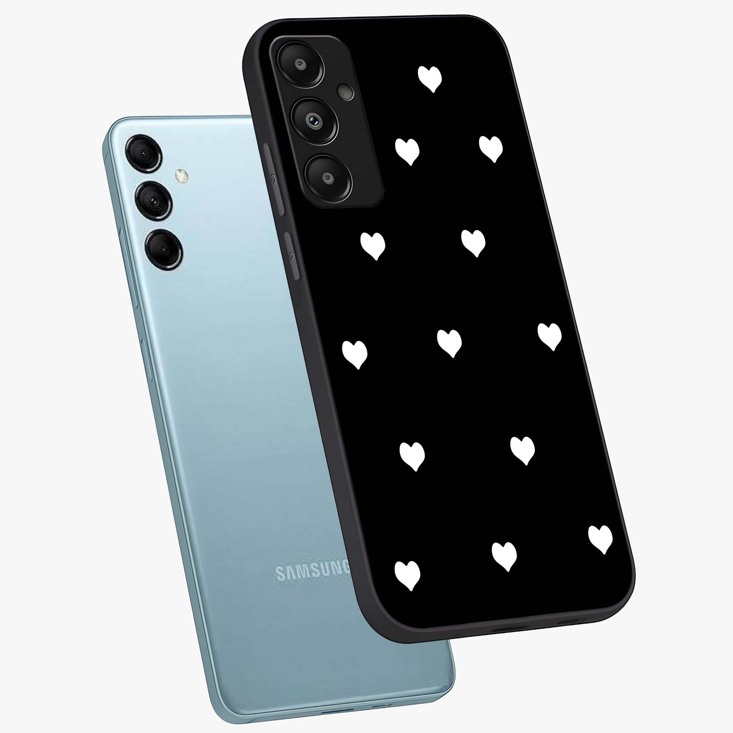 Cute And Simple White Hearts Glass Case displayed in angled mockup highlighting cute heart design with clean aesthetic style.