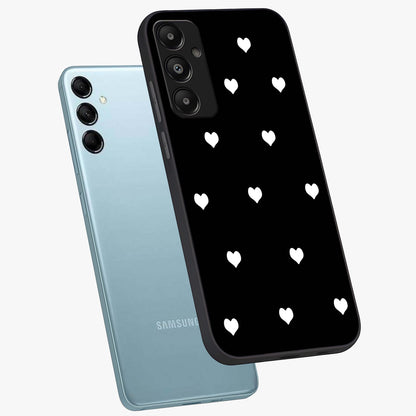 Cute And Simple White Hearts Glass Case displayed in angled mockup highlighting cute heart design with clean aesthetic style.