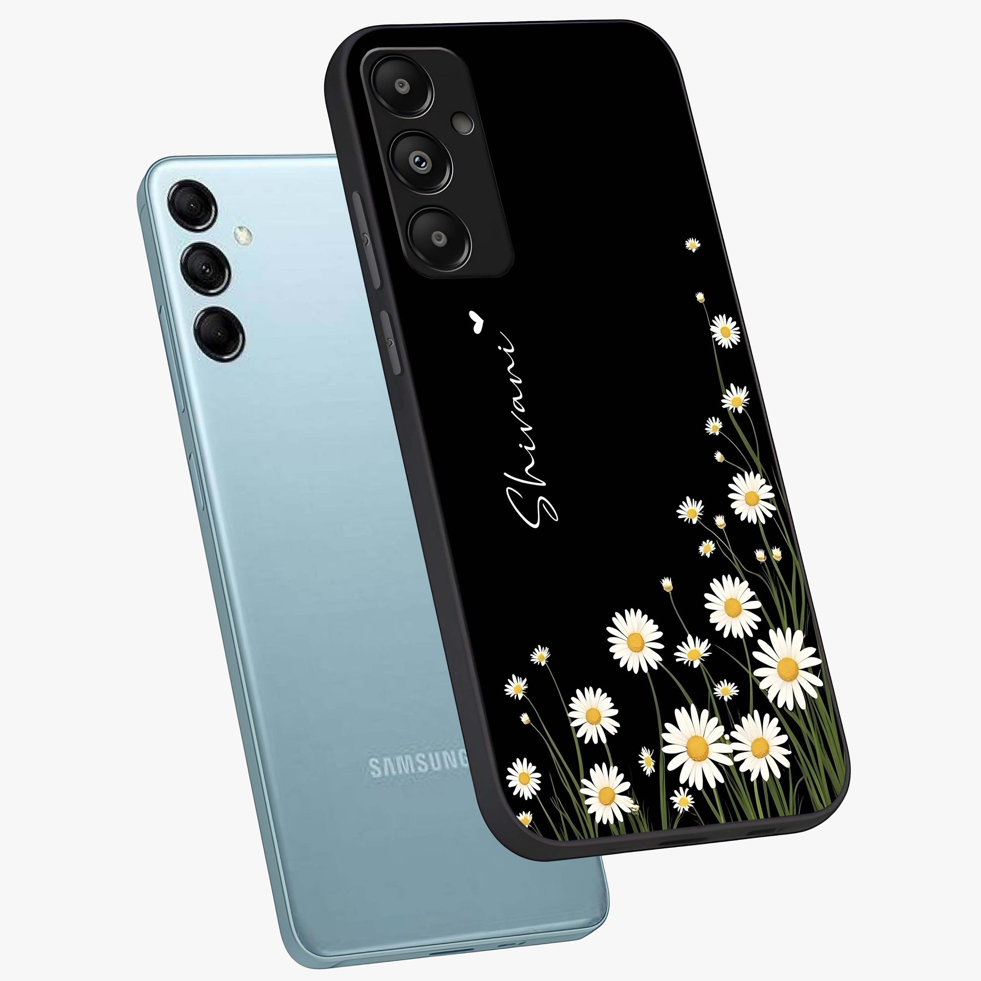 Daisy Cascade Custom Name Glass Case displayed in angled mockup highlighting delicate daisy artwork with custom name feature.