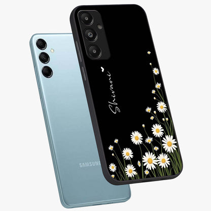 Daisy Cascade Custom Name Glass Case displayed in angled mockup highlighting delicate daisy artwork with custom name feature.