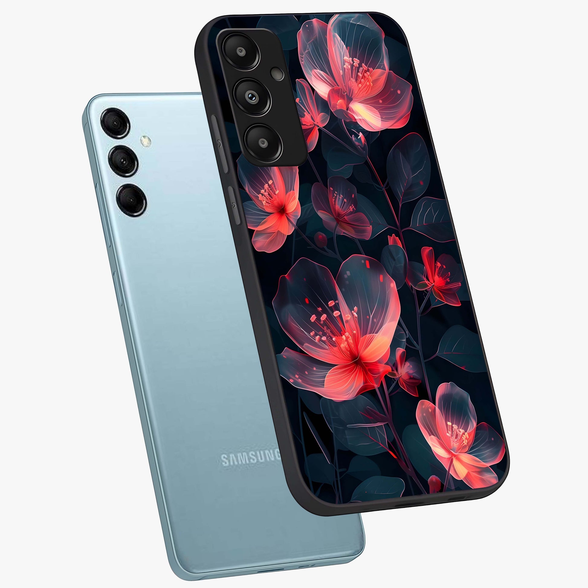 Dark Shade of Flower Glass Case displayed in angled mockup highlighting moody floral illustration with aesthetic dark tones.