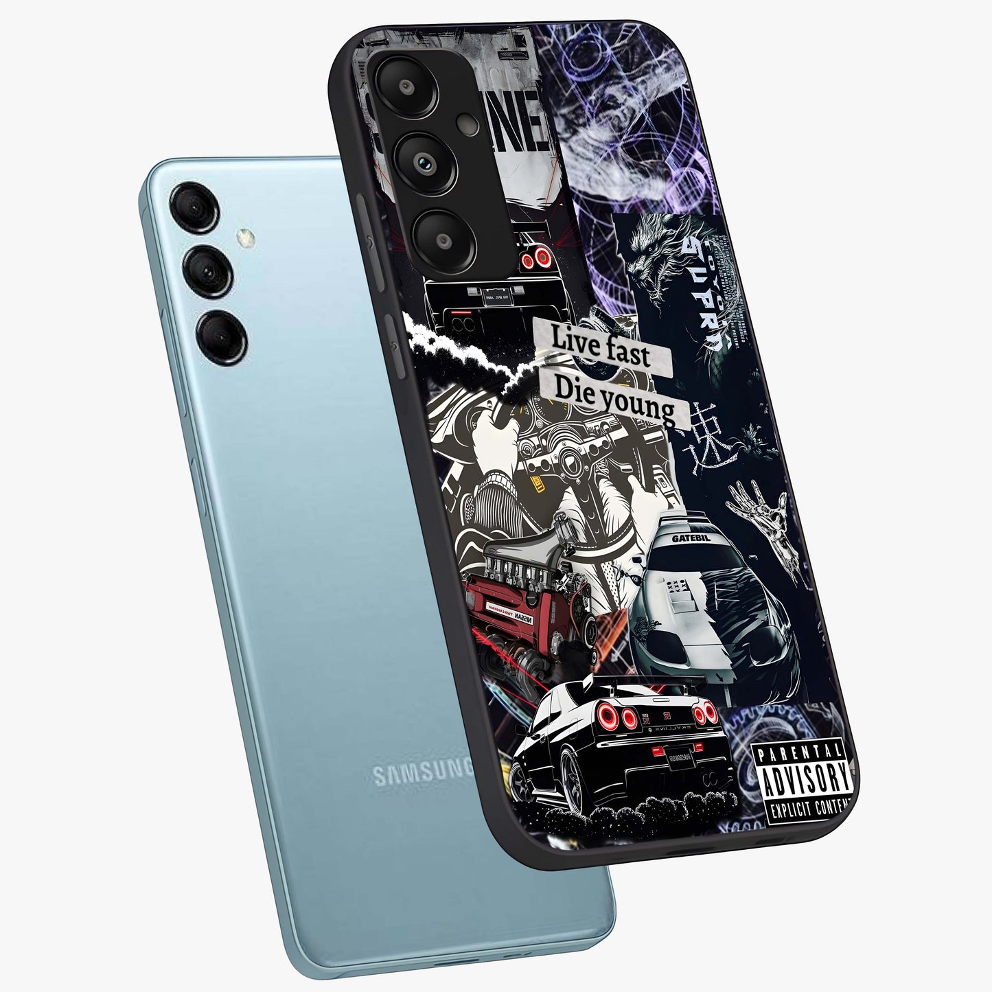 Die Young Glass Case displayed in angled mockup highlighting expressive graphic artwork with edgy aesthetic style.