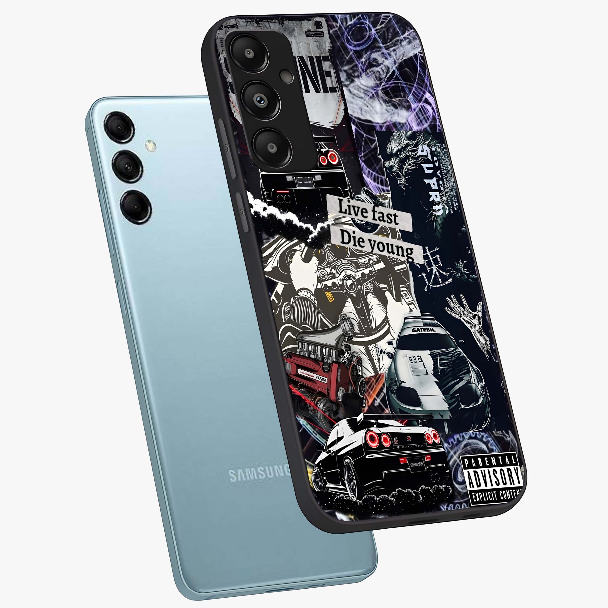 Die Young Glass Case displayed in angled mockup highlighting expressive graphic artwork with edgy aesthetic style.