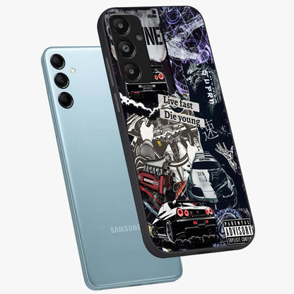 Die Young Glass Case displayed in angled mockup highlighting expressive graphic artwork with edgy aesthetic style.