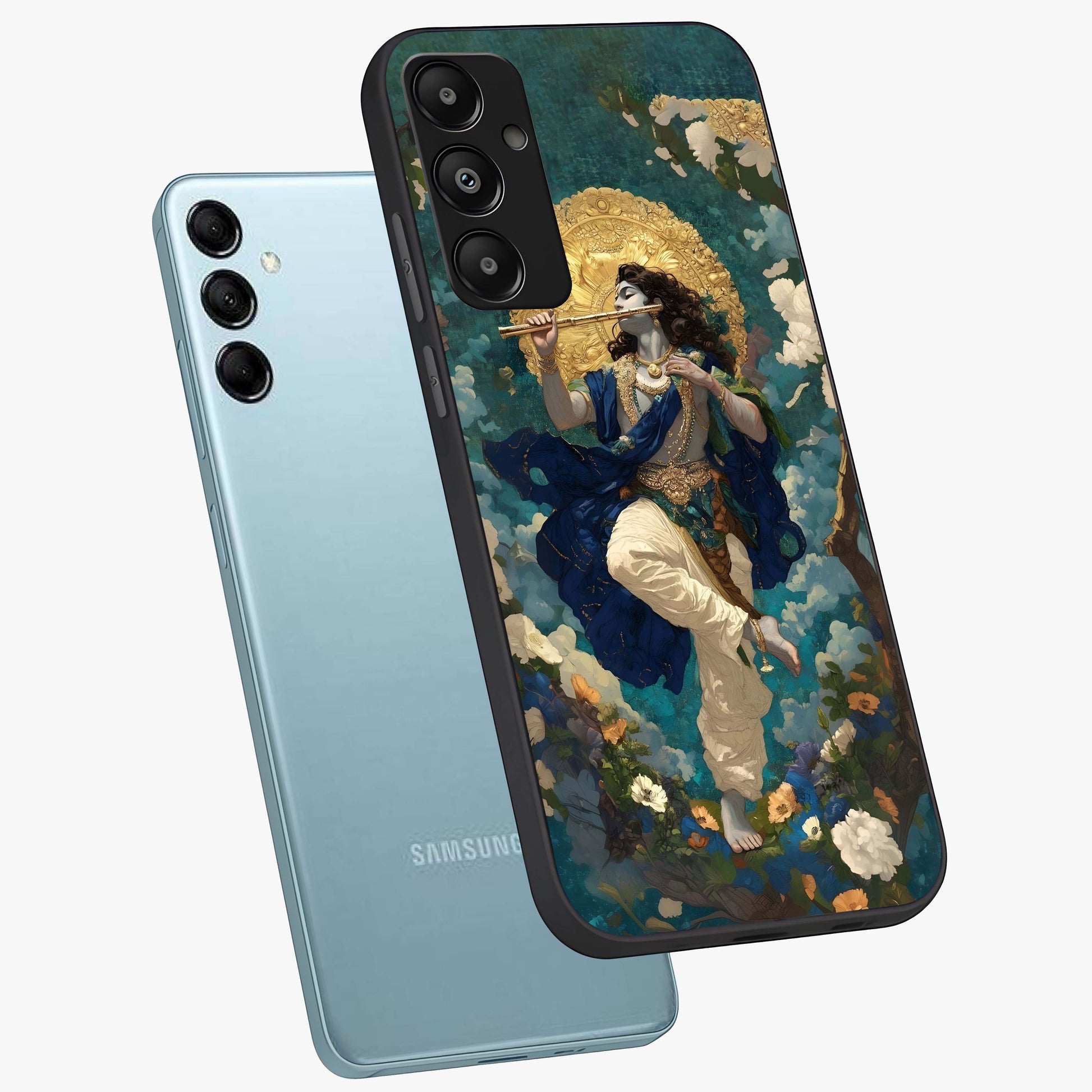 Divine Krishna Art Glass Case displayed in angled mockup highlighting spiritual Krishna illustration with devotional aesthetic.