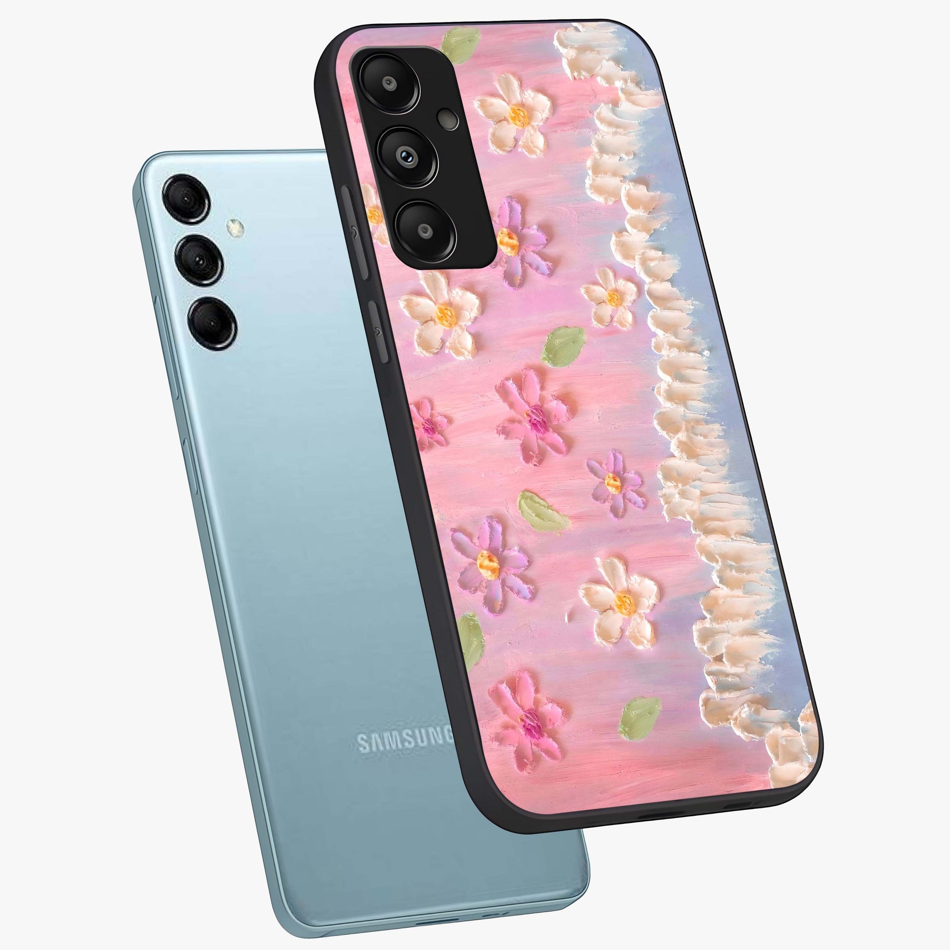 Dreamy Painted Garden Glass Case displayed in angled mockup highlighting colorful garden illustration with dreamy aesthetic style.