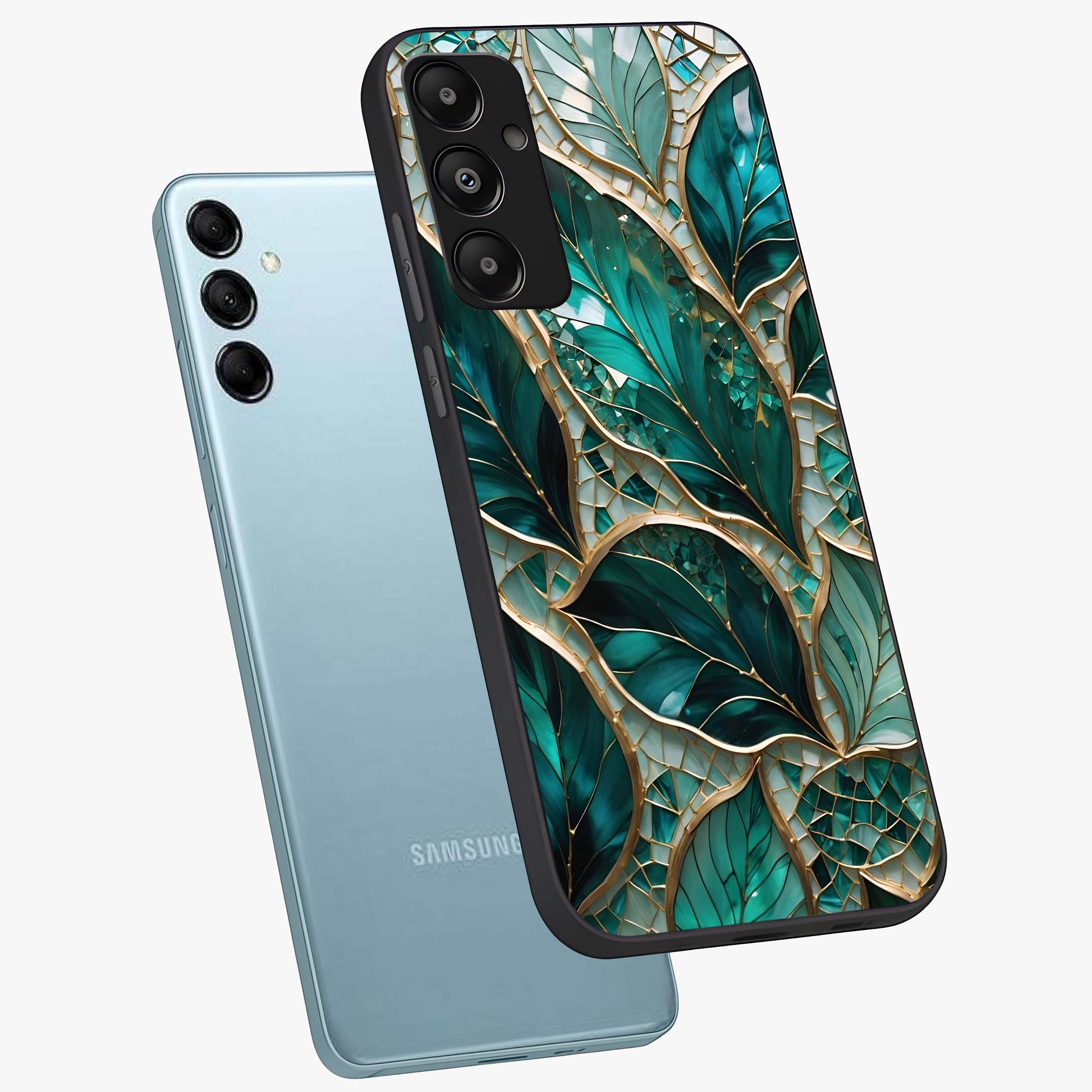 Emerald Leaf Glass Glass Case displayed in angled mockup highlighting botanical leaf illustration with elegant natural aesthetic.