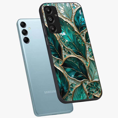 Emerald Leaf Glass Glass Case displayed in angled mockup highlighting botanical leaf illustration with elegant natural aesthetic.