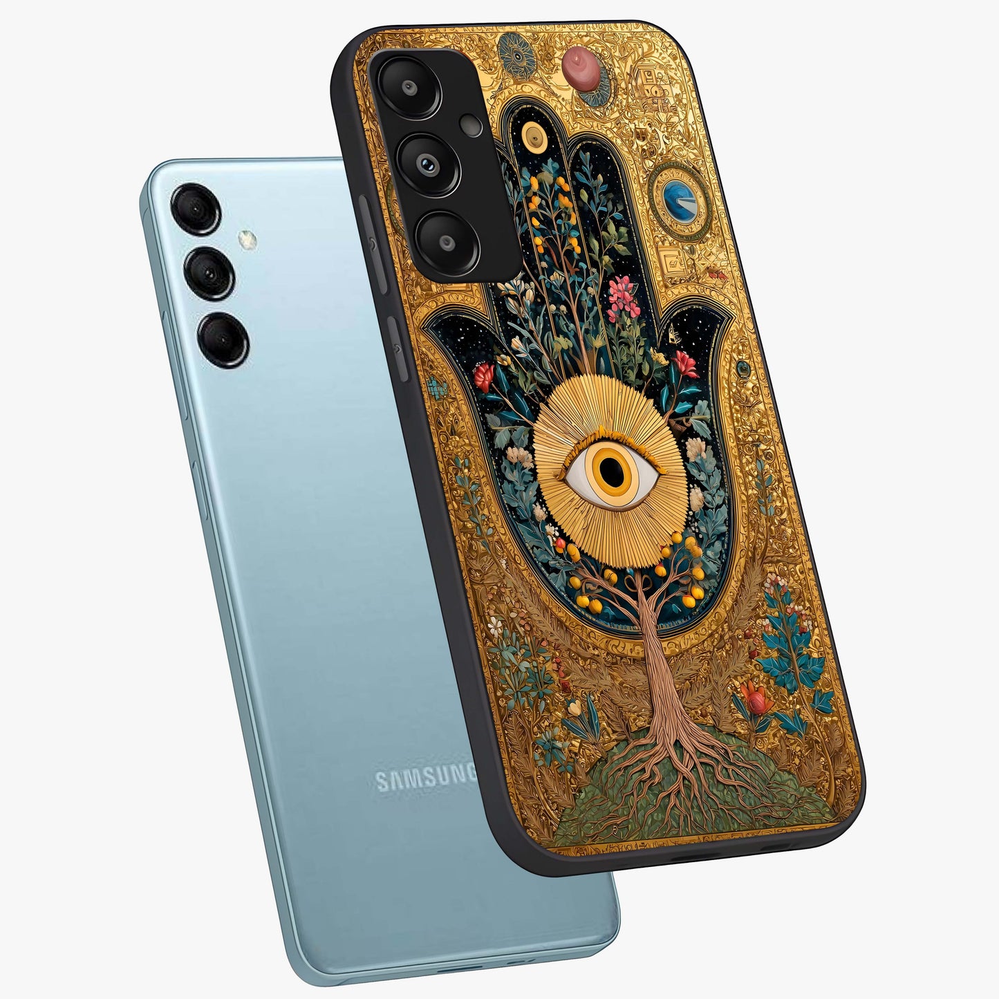 Ethereal Evil Eye Glass Case displayed in angled mockup highlighting protective evil eye symbol with spiritual aesthetic design.