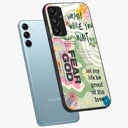 Faith Over Fear Glass Case displayed in angled mockup highlighting inspirational message design with modern aesthetic style.