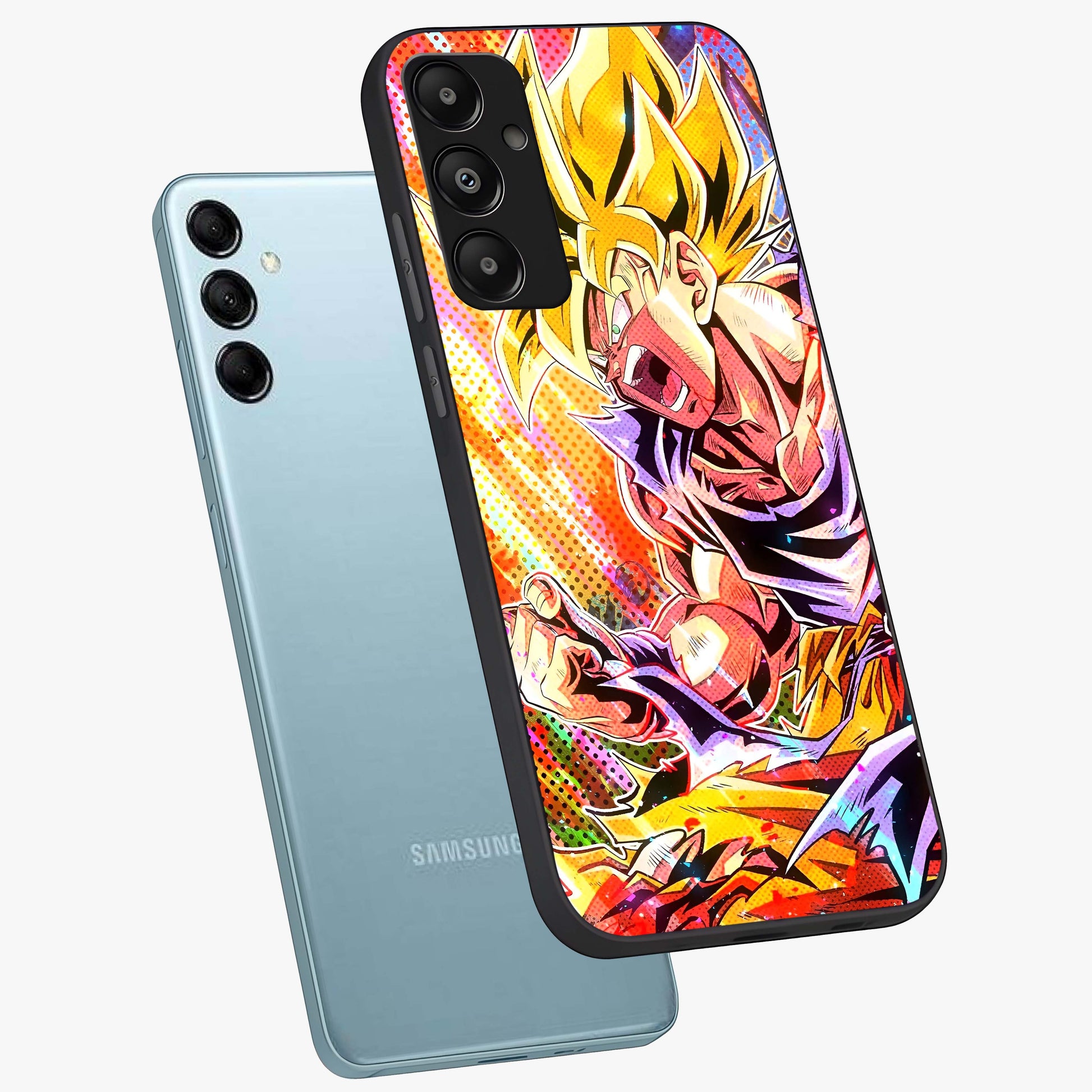 Firing Goku Glass Case displayed in angled mockup highlighting dynamic anime character design with action aesthetic.