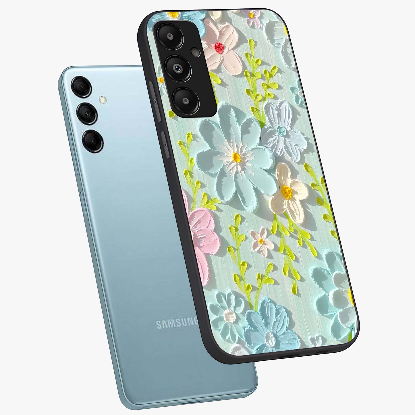 Frosted Petal Garden Glass Case displayed in angled mockup highlighting delicate flower petal design with calm garden aesthetic.