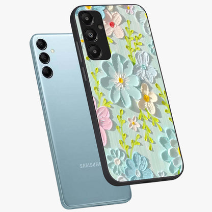 Frosted Petal Garden Glass Case displayed in angled mockup highlighting delicate flower petal design with calm garden aesthetic.