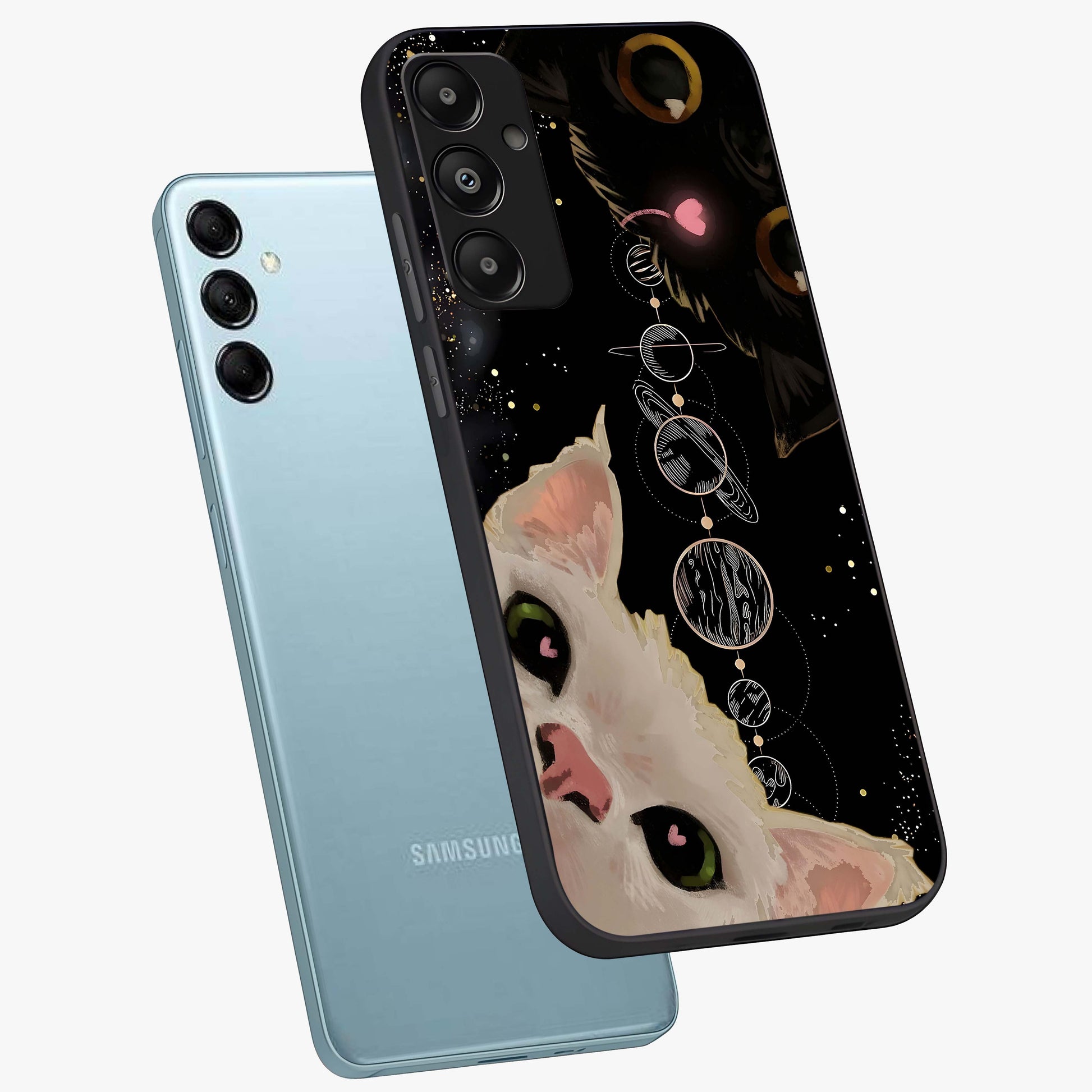 Galactic Cat Glass Case displayed in angled mockup highlighting celestial feline illustration with galaxy aesthetic style.